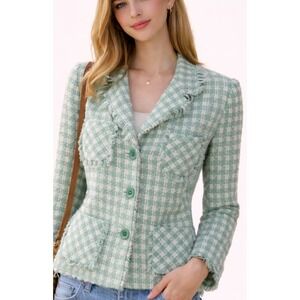 Bergamo Studio Womens Blazer Green White Check Soft Tweed Fringe Jacket 14